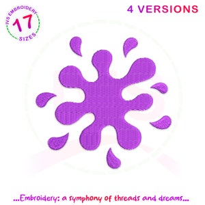 May include: Purple paint splatter embroidery design with 4 versions. The design features a large splatter with smaller droplets around it.
