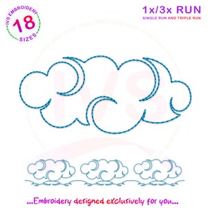 Peut inclure: Un motif de broderie bleu représentant un nuage avec une forme de croissant de lune. Le motif est disponible en 18 tailles et peut être brodé en une seule passe ou en trois passes.