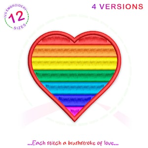 May include: A red heart-shaped embroidery design with a rainbow pattern inside. The text "...Each stitch a brushstroke of love..." is below the heart.
