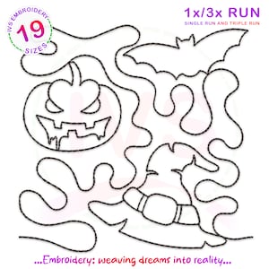 May include: Black line art embroidery design featuring a jack-o'-lantern, bat, and witch's hat. The design includes the text "19 SIZES" and "1x/3x RUN". The phrase "Embroidery: weaving dreams into reality..." is also present.