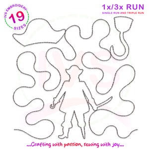 May include: Black and white line art design of a pirate with a sword and a hook. The design is surrounded by a series of curved lines. The text "1x/3x RUN" and "SINGLE RUN AND TRIPLE RUN" is at the top of the image. The text "...Crafting with passion, sewing with joy..." is at the bottom of the image.