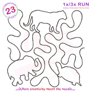 May include: Black and white line art embroidery design of a tiger, elephant, and armadillo. The design is labeled "1x/3x RUN SINGLE RUN AND TRIPLE RUN" and "...Where creativity meets the needle..."