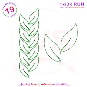 May include: A digital embroidery design featuring two green leaf shapes. The design is labeled "1x/3x RUN SINGLE RUN AND TRIPLE RUN".
