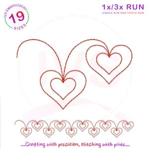 May include: A digital embroidery design featuring a single heart with a double outline and two hearts with triple outlines. The design also includes a row of 10 hearts with double outlines. The text "1x/3x RUN SINGLE RUN AND TRIPLE RUN" is at the top of the image. The text "...Crafting with precision, stitching with pride..." is at the bottom of the image.
