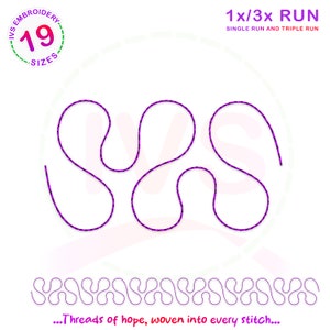 May include: A purple embroidery design of three connected loops, with the text "1x/3x RUN SINGLE RUN AND TRIPLE RUN" and "...Threads of hope, woven into every stitch..." below the design.