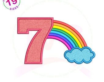 May include: Embroidered applique design of the number 7 in pink with a rainbow and a blue cloud. The design is available in 19 sizes.