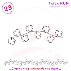 May include: Black and white embroidery design of a string of shamrocks. The design is available in 23 sizes and can be stitched in a single or triple run. The text "1x/3x RUN" and "SINGLE RUN AND TRIPLE RUN" is included in the image. The text "...Crafting magic with needle and thread..." is also included in the image.