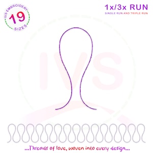 May include: A purple embroidery design of a single loop with a single run and triple run stitch. The design is labeled "1x/3x RUN" and "SINGLE RUN AND TRIPLE RUN". The design is surrounded by a border of small loops.