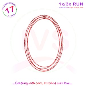 Puede incluir: Diseño de bordado rojo de un círculo con múltiples líneas. El diseño está etiquetado como "1x/3x RUN SINGLE RUN AND TRIPLE RUN".