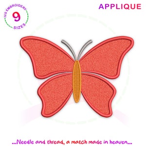Könnte beinhalten: Rote Schmetterlings-Applikations-Stickerei mit gelber Mitte. Das Design ist perfekt, um jedem Projekt einen Hauch von Verspieltheit zu verleihen.