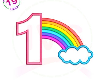 May include: Embroidered applique design featuring the number one with a rainbow and a cloud. The design is pink, red, orange, yellow, green, blue, and light blue.