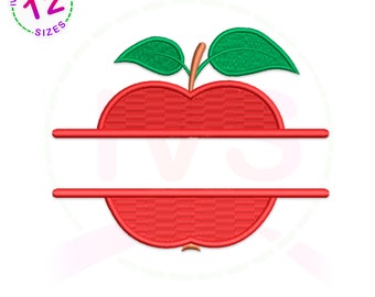 Puede incluir: Manzana roja con hojas verdes, dividida horizontalmente por la mitad con un espacio en blanco para texto. La manzana es un diseño de monograma dividido para bordado.