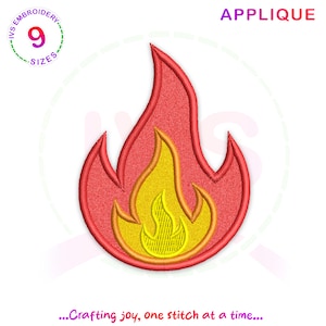May include: Red and yellow applique embroidery design of a flame. The design is perfect for adding a touch of fire to any project.