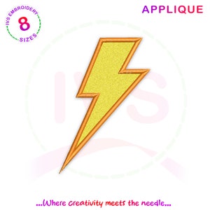 May include: Yellow lightning bolt applique embroidery design. The design is outlined in orange.