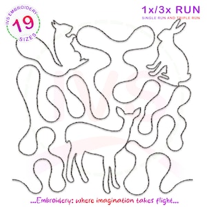 May include: Black and white line art embroidery design featuring a squirrel, rabbit, and deer. The design is labeled "1x/3x RUN SINGLE RUN AND TRIPLE RUN" and "...Embroidery: where imagination takes flight..."