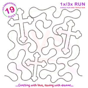 May include: A black and white digital embroidery design featuring a cross and a variety of organic shapes. The design is available in 19 sizes and can be stitched with a single or triple run.