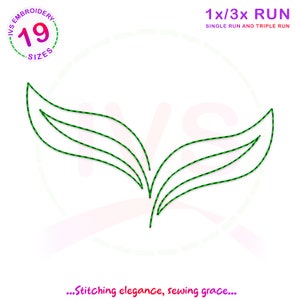 May include: A green embroidery design of two stylized leaves with three layers of stitching. The design is labeled "1x/3x RUN SINGLE RUN AND TRIPLE RUN".