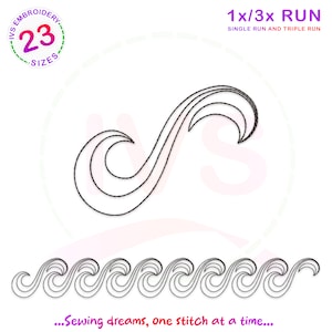 May include: A black and white embroidery design of a wave. The design is available in 23 sizes and can be stitched in a single or triple run. The text "1x/3x RUN" and "SINGLE RUN AND TRIPLE RUN" is included in the image. The text "...Sewing dreams, one stitch at a time..." is also included in the image.