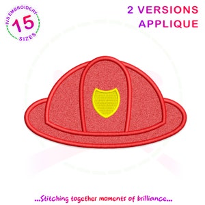 May include: Red firefighter hat applique embroidery design with a yellow badge.  2 versions included. 15 sizes available.