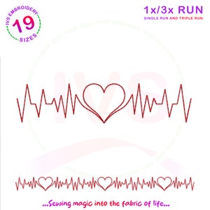 May include: Red heart shape with a heartbeat line on either side. The text "...Sewing magic into the fabric of life..." is below the design. The text "1x/3x RUN SINGLE RUN AND TRIPLE RUN" is at the top of the image. The text "/S EMBROIDER 19 SIZES" is in a circle at the top left of the image.