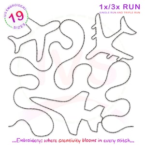 May include: A black and white line drawing of an airplane with 19 different sizes available. The image includes the text "VS Embroidery" and "1x/3x Run Single Run and Triple Run".