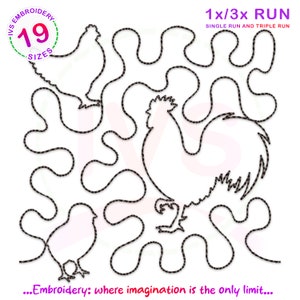 May include: Black and white line art embroidery design of a rooster, hen, and chick. The design is labeled "1x/3x RUN SINGLE RUN AND TRIPLE RUN" and "19 SIZES".