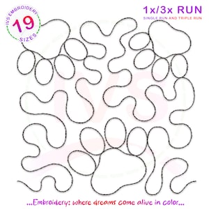 May include: Black and white embroidery design of a paw print and other abstract shapes. The design is labeled "1x/3x RUN SINGLE RUN AND TRIPLE RUN" and "IVS EMBROIDERY 19 SIZES".