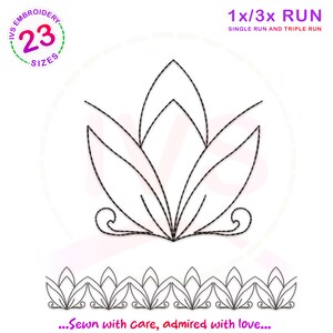 May include: Black and white embroidery design of a stylised flower with 23 sizes available. The design is for single or triple run embroidery.
