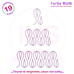 Puede incluir: Un dise&ntilde;o de bordado morado con tres filas de hojas estilizadas. El dise&ntilde;o est&aacute; etiquetado como "1x/3x RUN SINGLE RUN AND TRIPLE RUN".