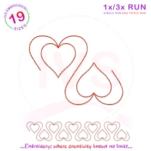 May include: A digital embroidery design of two overlapping hearts. The design is available in 19 sizes and can be stitched with a single or triple run. The text "...Embroidery: where creativity knows no limits..." is at the bottom of the image.