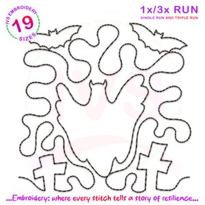 Pode incluir: Desenho de bordado preto e branco de um morcego com as asas abertas, rodeado de formas menores. O desenho é etiquetado como "1x/3x RUN SINGLE RUN AND TRIPLE RUN".