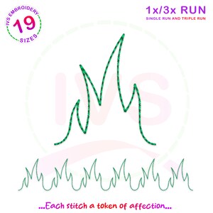 May include: Green embroidery design of a flame with the text "...Each stitch a token of affection..." below. The design is labeled "1x/3x RUN SINGLE RUN AND TRIPLE RUN".