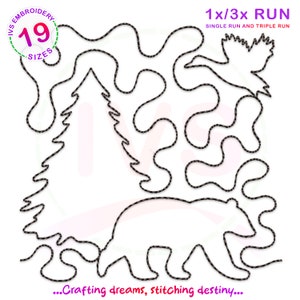 Puede incluir: Diseño de bordado en blanco y negro de línea de arte de un oso, un pino y un pájaro. El diseño está etiquetado como "1x/3x RUN SINGLE RUN AND TRIPLE RUN" y "...Crafting dreams, stitching destiny..."