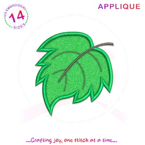 May include: Green applique embroidery design of a leaf with a stem. The design is outlined in a darker green and has a glittery texture.