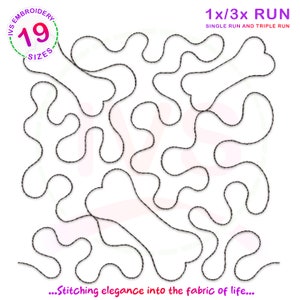 May include: A black and white line drawing of a quilting pattern with a 1x/3x run, single run and triple run. The image includes the text "VS Embroidery 19 Sizes" and "...Stitching elegance into the fabric of life..."