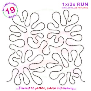 May include: A black and white digital embroidery design of a repeating pattern of organic shapes. The design is labelled "1x/3x RUN SINGLE RUN AND TRIPLE RUN" and "...Threads of passion, woven into beauty..."