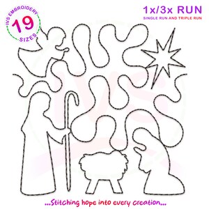 May include: Black and white line art embroidery design of a nativity scene with a star, shepherd, sheep, and Mary and Joseph. The design is labeled "1x/3x RUN SINGLE RUN AND TRIPLE RUN" and "...Stitching hope into every creation..."