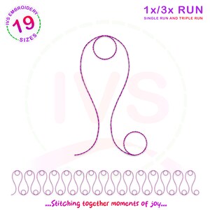 May include: A purple and black embroidery design of a single run and triple run stitch. The design is a simple, elegant loop with a small circle at the top. The design is repeated 19 times in a row at the bottom of the image. The text "1x/3x RUN" and "SINGLE RUN AND TRIPLE RUN" is at the top of the image. The text "...Stitching together moments of joy..." is at the bottom of the image.