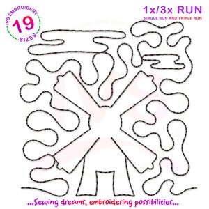 May include: Black and white line art embroidery design of a windmill. The design is labeled "1x/3x RUN SINGLE RUN AND TRIPLE RUN". The design is part of a collection of 19 embroidery designs.