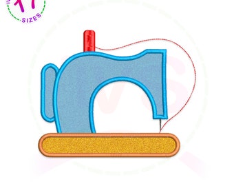 May include: Applique design of a blue sewing machine with a red spool of thread and a gold base. The design is labeled "Applique".