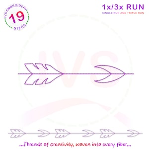 Op de afbeelding: Een paars borduurmotief van een pijl met een gevederde punt. Het ontwerp is gelabeld met "1x/3x RUN SINGLE RUN AND TRIPLE RUN". De tekst "...Threads of creativity, woven into every fiber..." staat onder het ontwerp.