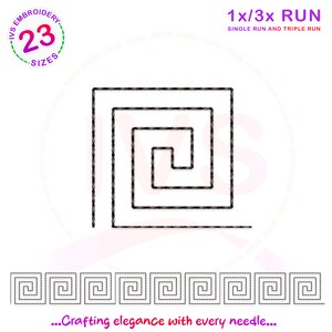 Puede incluir: Un diseño de bordado en blanco y negro de un cuadrado con un patrón en espiral en su interior. El diseño está etiquetado como "1x/3x RUN SINGLE RUN AND TRIPLE RUN".