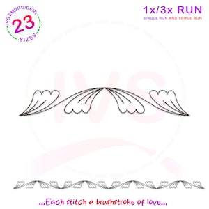 May include: Black and white embroidery design of a decorative border with a repeating pattern of stylized leaves. The design is available in 23 sizes and can be stitched in a single or triple run. The text "...Each stitch a brushstroke of love..." is included below the design.