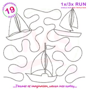 Op de afbeelding: Een zwart-witte lijntekening van drie zeilboten op een golvende achtergrond. De afbeelding bevat de tekst "1x/3x RUN SINGLE RUN AND TRIPLE RUN" en "...Threads of imagination, woven into reality..."