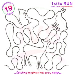 May include: A digital embroidery design featuring a squirrel, a deer, and a rabbit. The design is outlined in black and is available in 19 sizes. The text "1x/3x RUN SINGLE RUN AND TRIPLE RUN" is also included in the image.