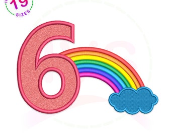 May include: A pink number six with a rainbow and a blue cloud. The rainbow has red, orange, yellow, green, blue, indigo, and violet stripes. The cloud is above the rainbow.