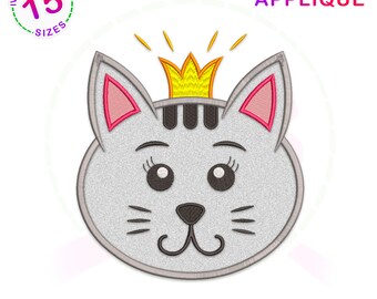 Diseño de bordado con cara de gato: Gatito con corona (descarga digital)