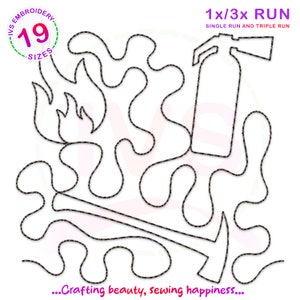 Può includere: Disegno a linee in bianco e nero di un estintore, un'ascia e fiamme. Il design è per ricamo e comprende 19 dimensioni. Il testo "1x/3x RUN SINGLE RUN AND TRIPLE RUN" è nella parte superiore dell'immagine. Il testo "...Crafting beauty, sewing happiness..." è nella parte inferiore dell'immagine.
