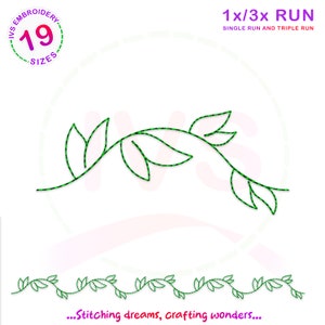 Puede incluir: Una vid verde con hojas, un diseño de bordado de una y tres pasadas. El diseño está disponible en 19 tamaños. El texto "Stitching dreams, crafting wonders..." está en la parte inferior de la imagen.