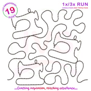 May include: Black and white line art design of a sewing machine. The design is for embroidery and includes 19 sizes. The text "1x/3x RUN SINGLE RUN AND TRIPLE RUN" is at the top of the image. The text "...Crafting inspiration, stitching excellence..." is at the bottom of the image.